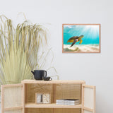 Hawaiian Green Sea Turtle In Turquoise Blue Sea and Sandbars Animal Wildlife Photograph Framed Wall Art Print