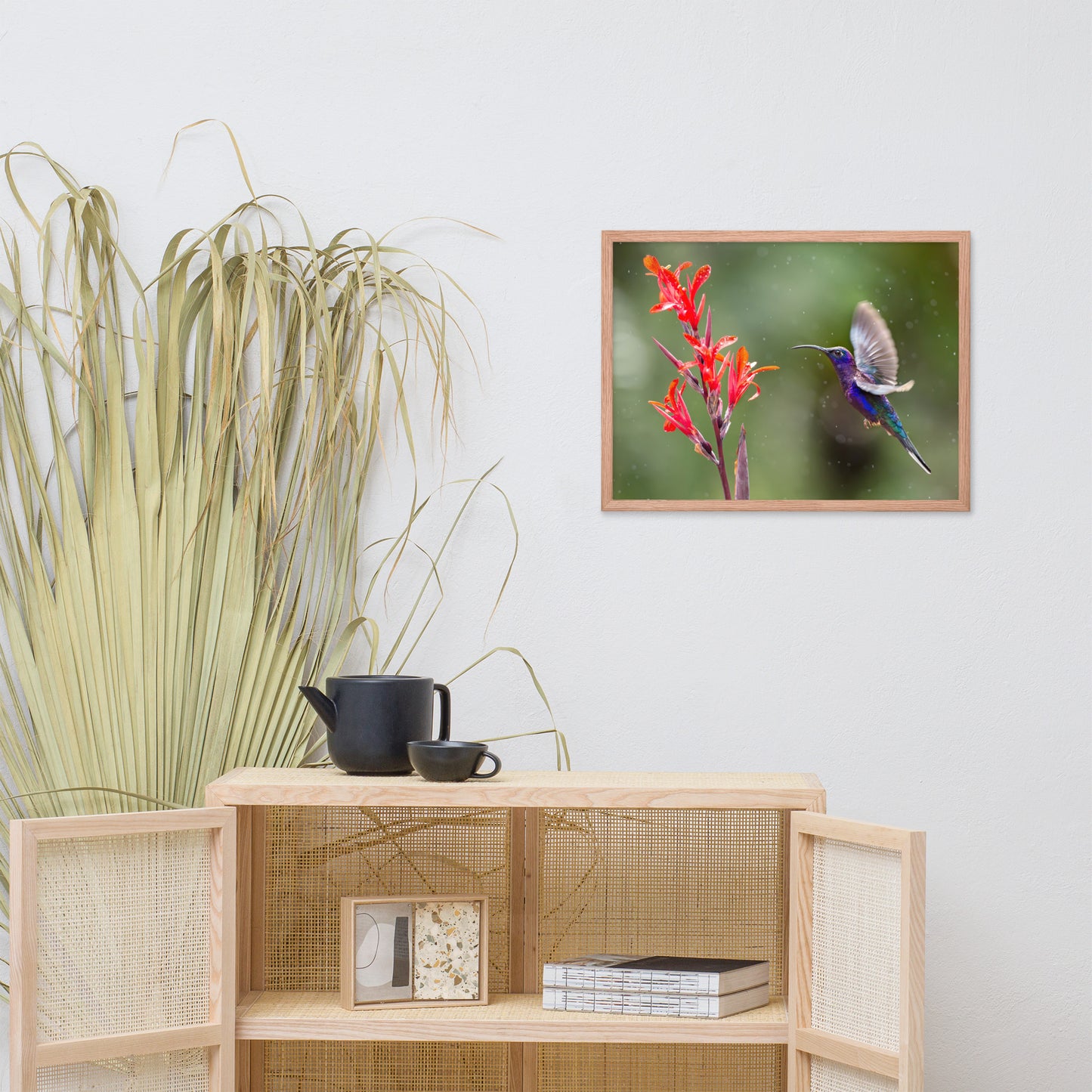 Hummingbird with Little Red Flowers Animal Wildlife Photograph Framed Wall Art Prints