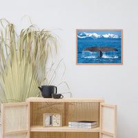 Sperm Whale Tall Splashing In Blue Water With Mountains Of Norway Animal Wildlife Photograph Framed Wall Art Print