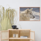 Aries the White Wolf Portrait on Faux Weathered Wood Texture Wildlife Photo Framed Wall Art Print