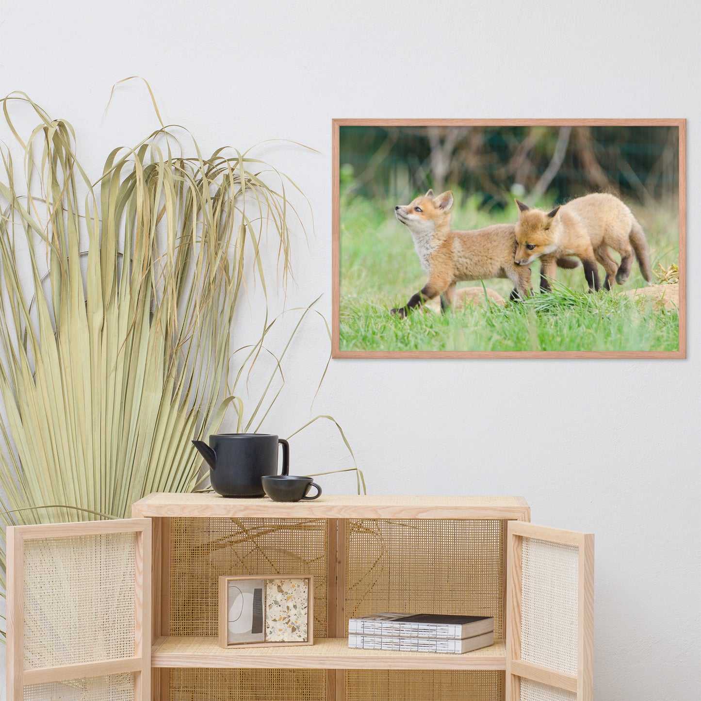 Wall Decor Childrens Room: Playful Baby Red Fox Pups In Field - Animal / Wildlife / Nature Artwork - Wall Decor - Framed Wall Art Print
