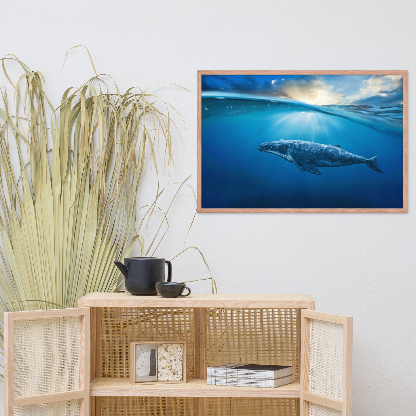 Dreamy Blue Whale Ocean Sunset Glory Rays Animal Wildlife Photograph Framed Wall Art Print