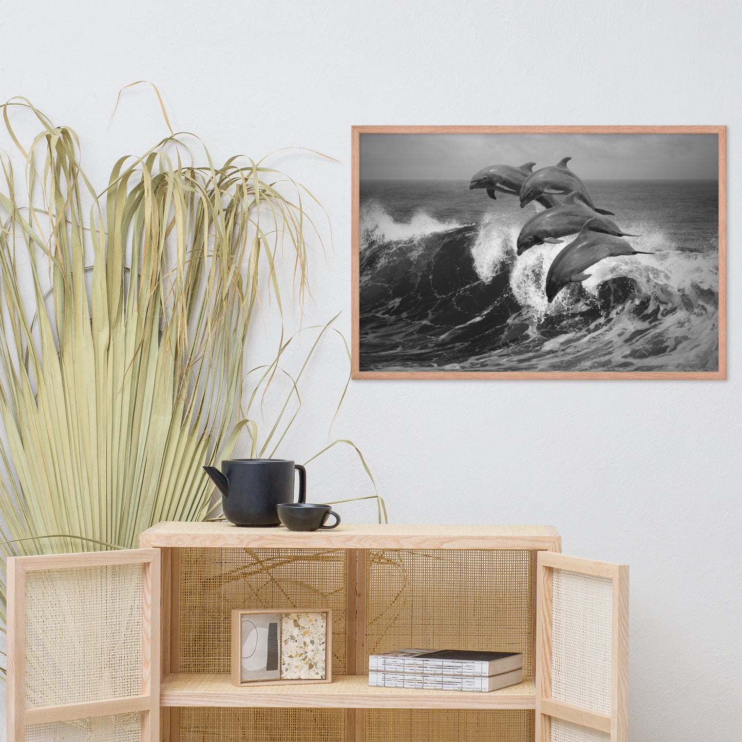 Four Bottle Noise Dolphins Jumping Waves In Tropical Ocean Black and White Animal Wildlife Photograph Framed Wall Art Print