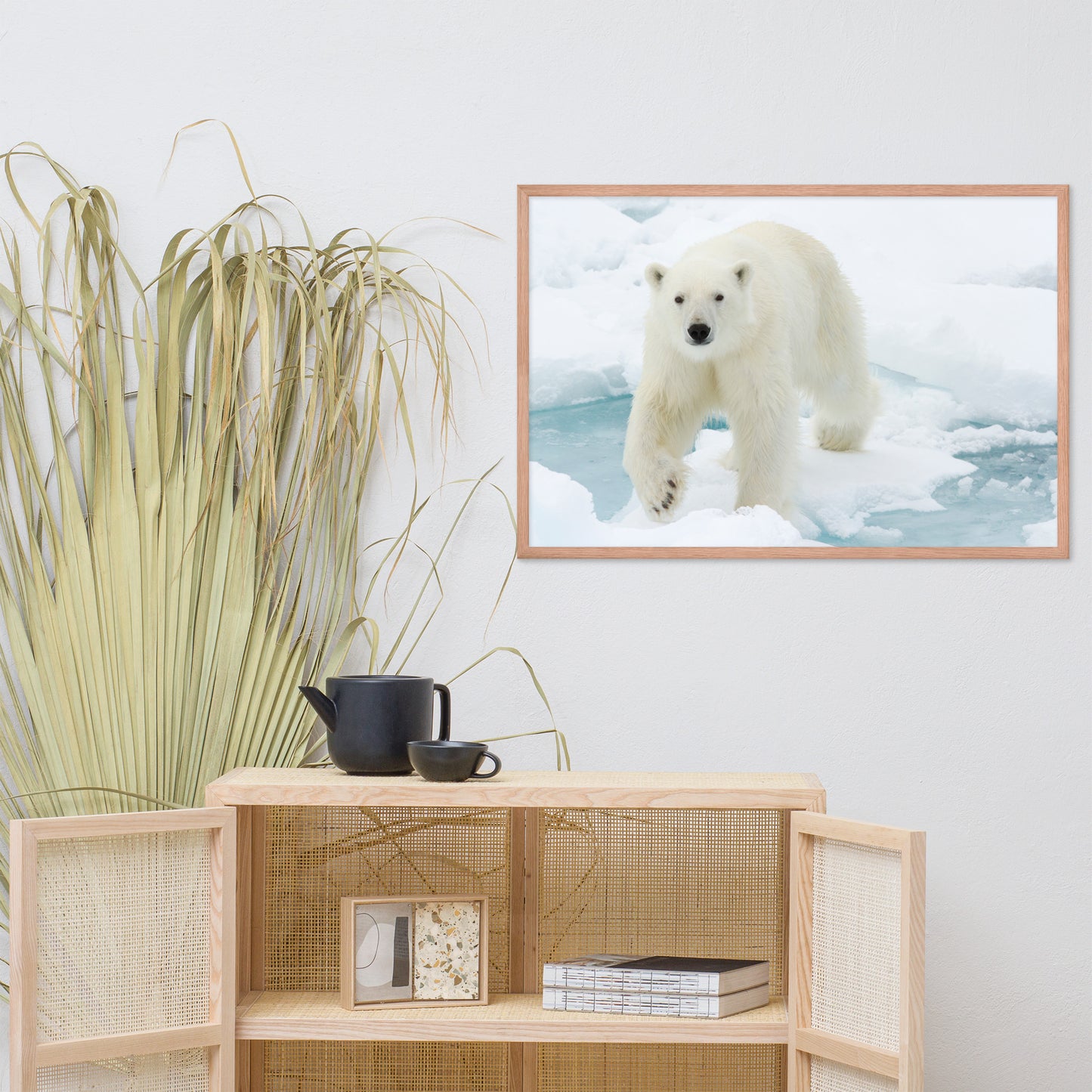 Giant White Polar Bear Walking on Icy Lake Animal Wildlife Photograph Framed Wall Art Prints