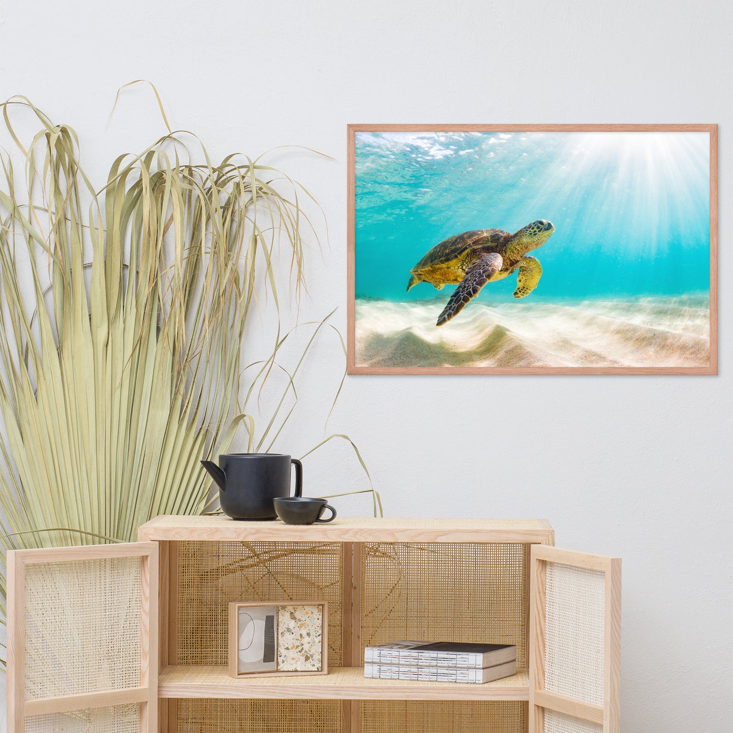 Hawaiian Green Sea Turtle in Turquoise Blue Sea and Sandbars Animal Wildlife Photograph Framed Wall Art Print