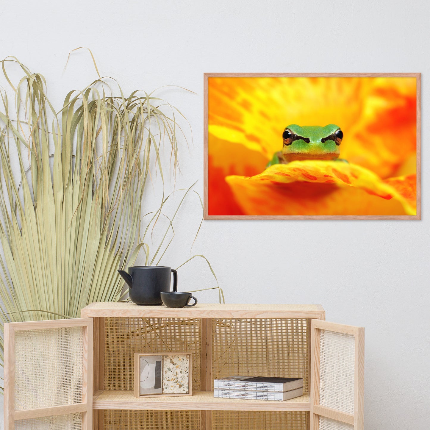 Hyla Green Frog on Yellow and Orange Flower Petals Wildlife Nature Photo Framed Wall Art Print