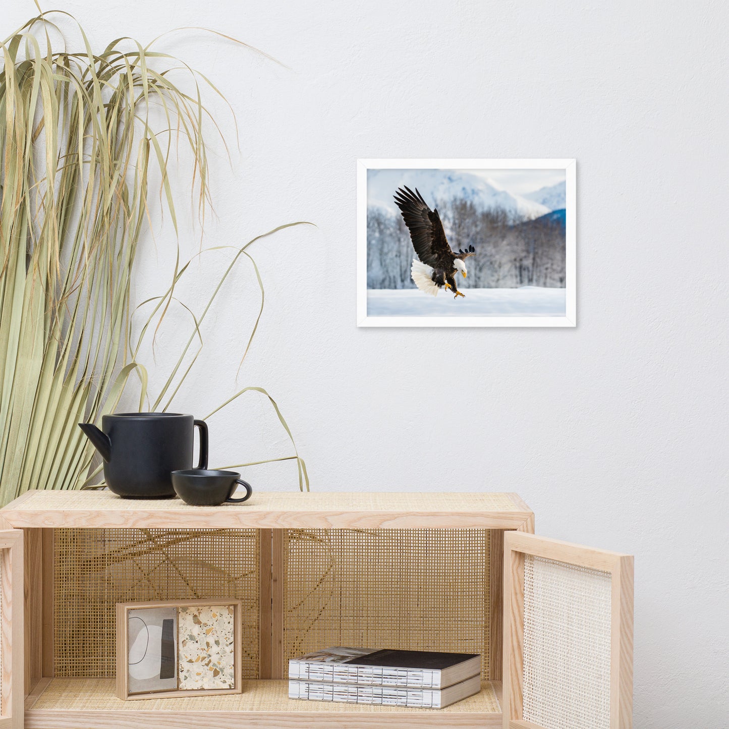 hallway prints, Adult Bald Eagle and Alaskan Winter Animal Wildlife Photograph Framed Wall Art Print