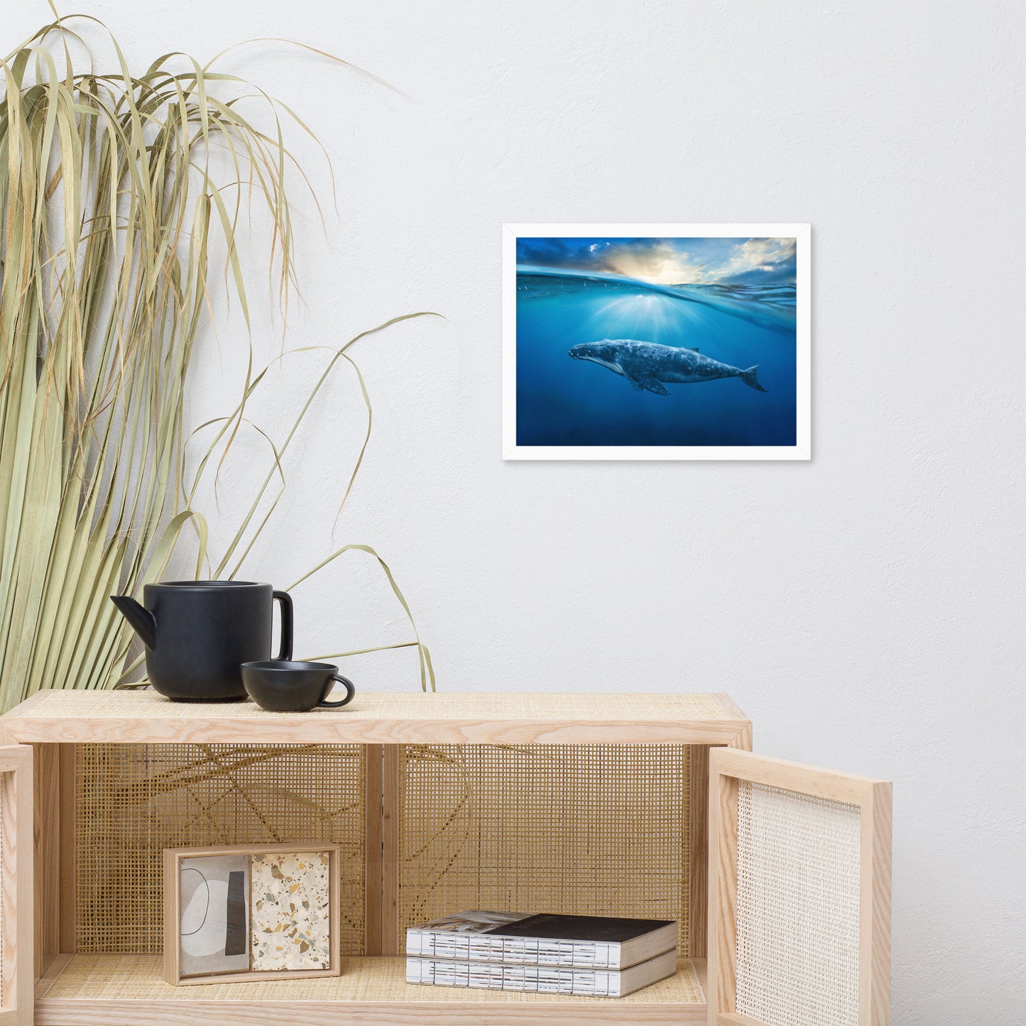 Dreamy Blue Whale Ocean Sunset Glory Rays Animal Wildlife Photograph Framed Wall Art Print