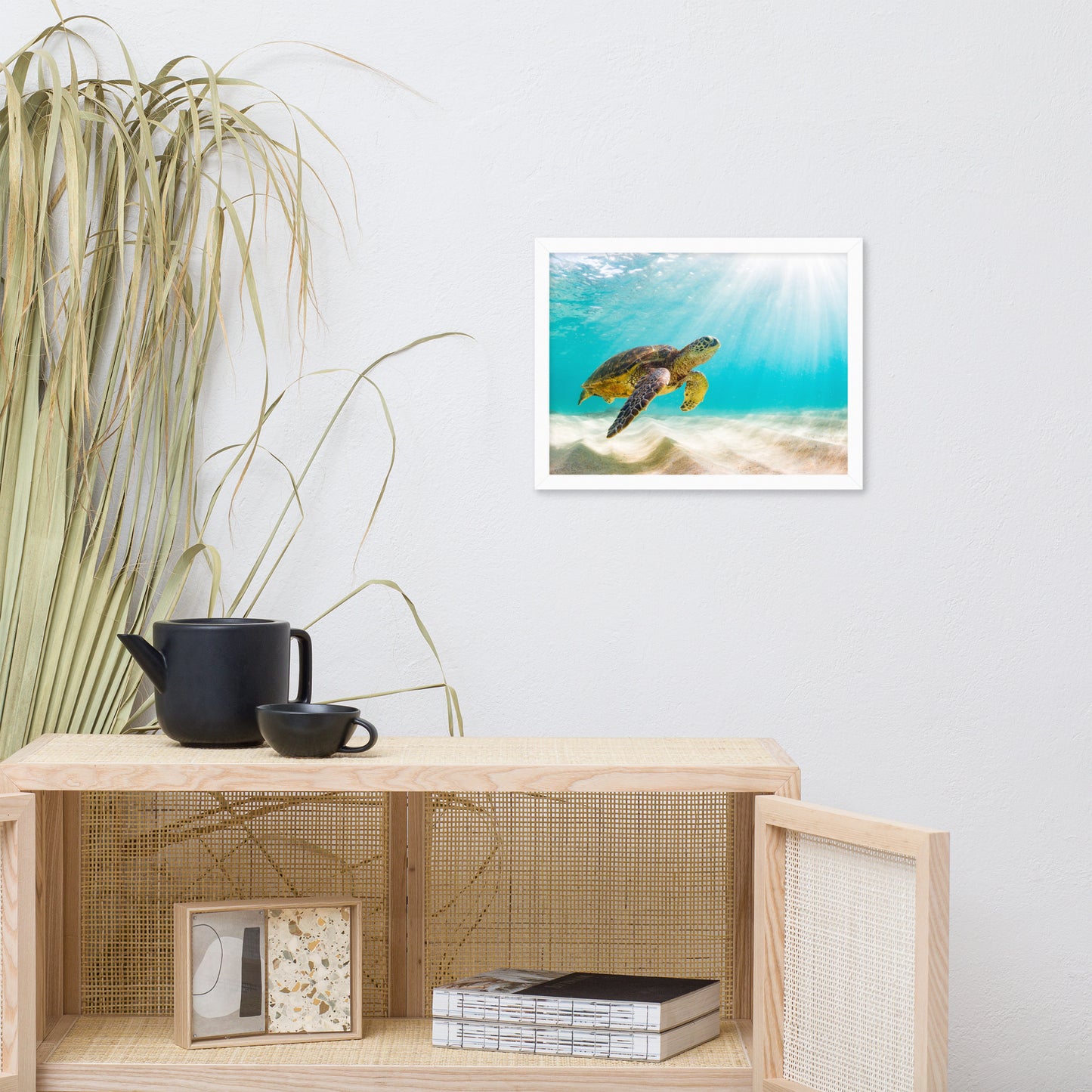 Hawaiian Green Sea Turtle in Turquoise Blue Sea and Sandbars Animal Wildlife Photograph Framed Wall Art Print