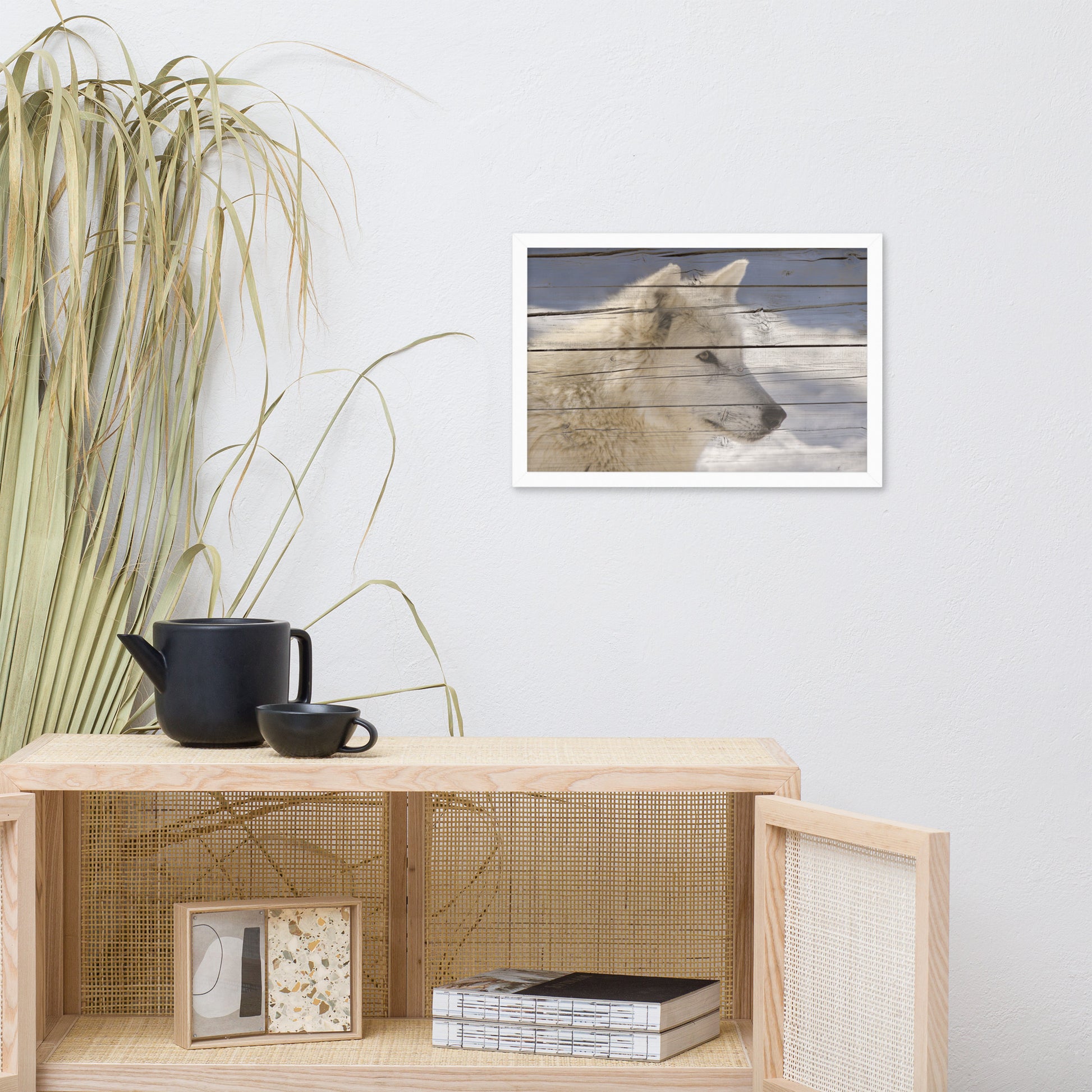 Modern Wall Art Kitchen: Aries the White Wolf Portrait on Faux Weathered Wood Texture / Animal / Wildlife / Nature Photographic Artwork - Framed Artwork - Wall Decor