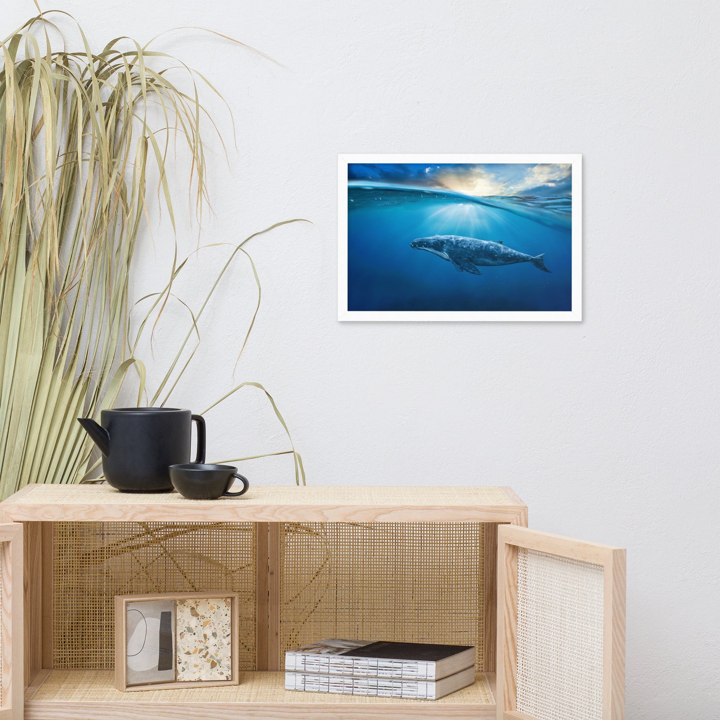 Dreamy Blue Whale Ocean Sunset Glory Rays Animal Wildlife Photograph Framed Wall Art Print