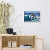 Four Bottle Noise Dolphins Jumping Waves In Tropical Blue Ocean Animal Wildlife Photograph Framed Wall Art Print