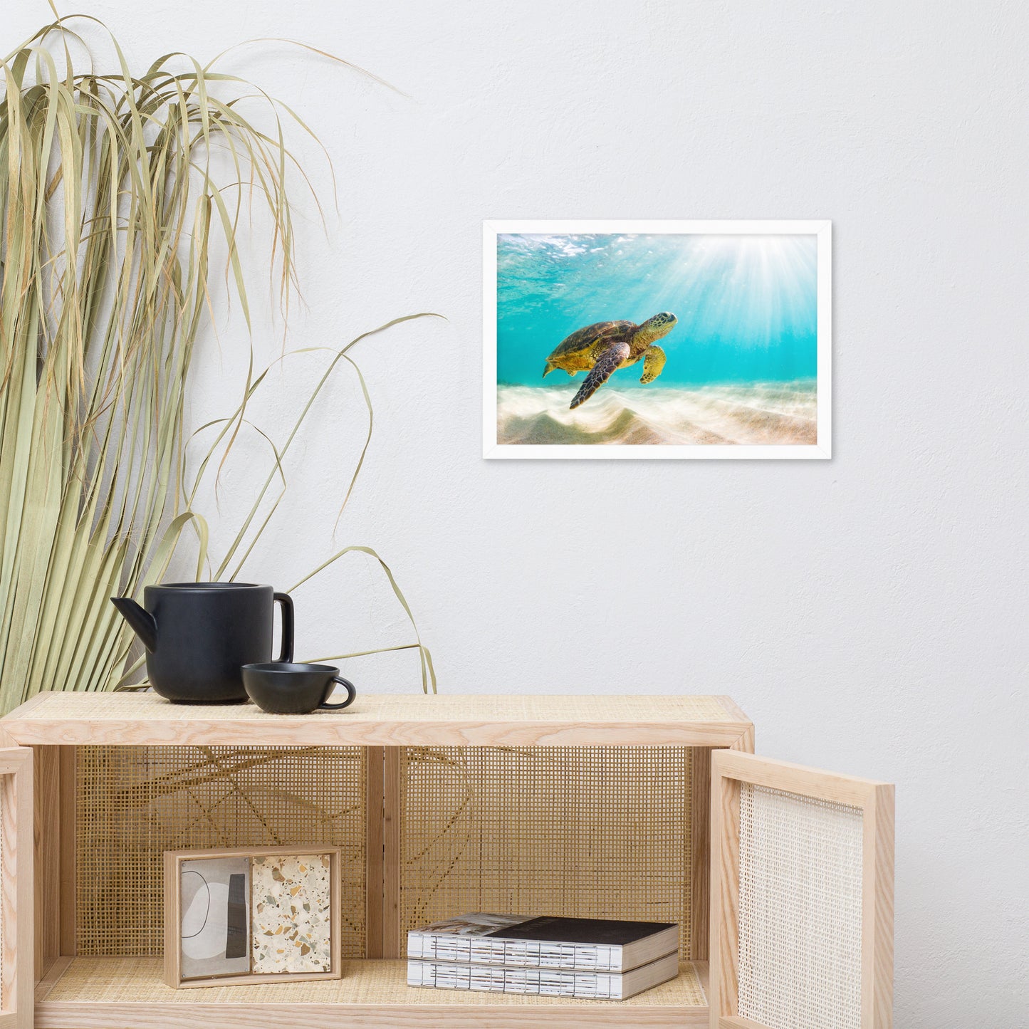 Hawaiian Green Sea Turtle in Turquoise Blue Sea and Sandbars Animal Wildlife Photograph Framed Wall Art Print