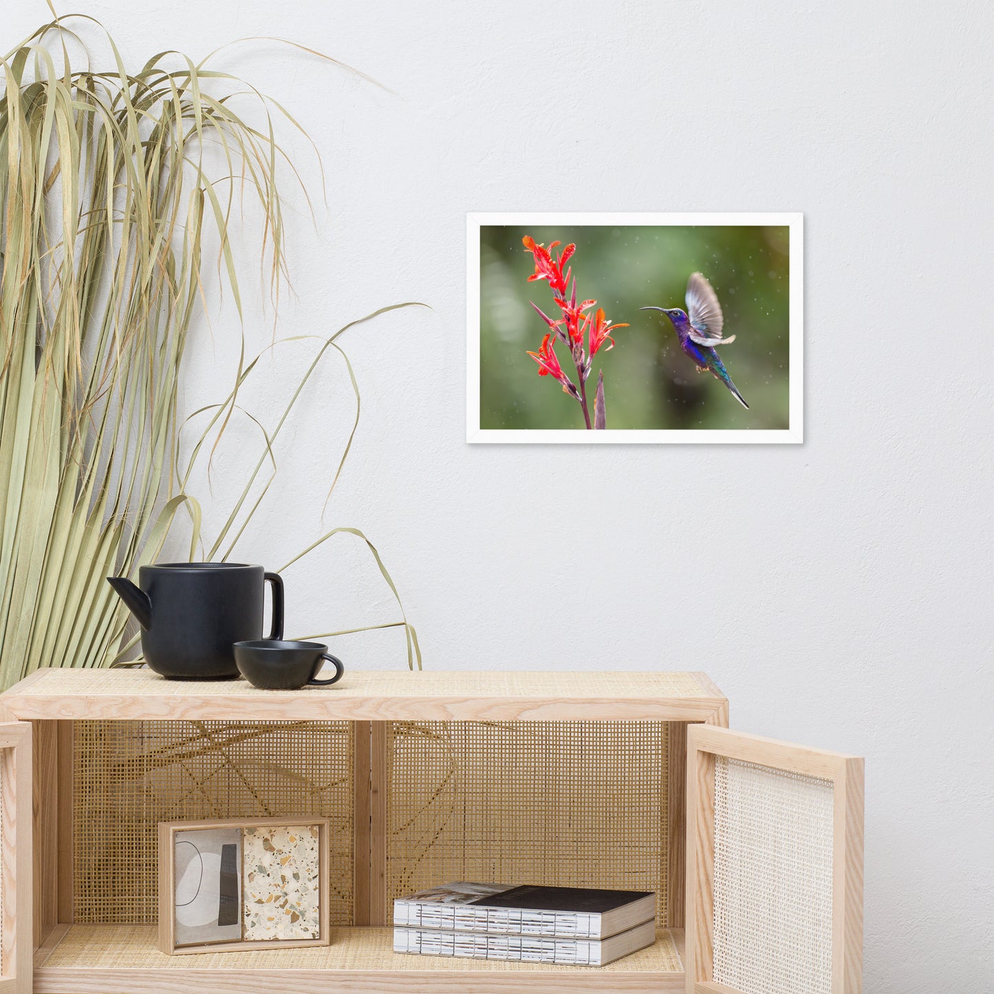 Hummingbird with Little Red Flowers Animal Wildlife Photograph Framed Wall Art Prints