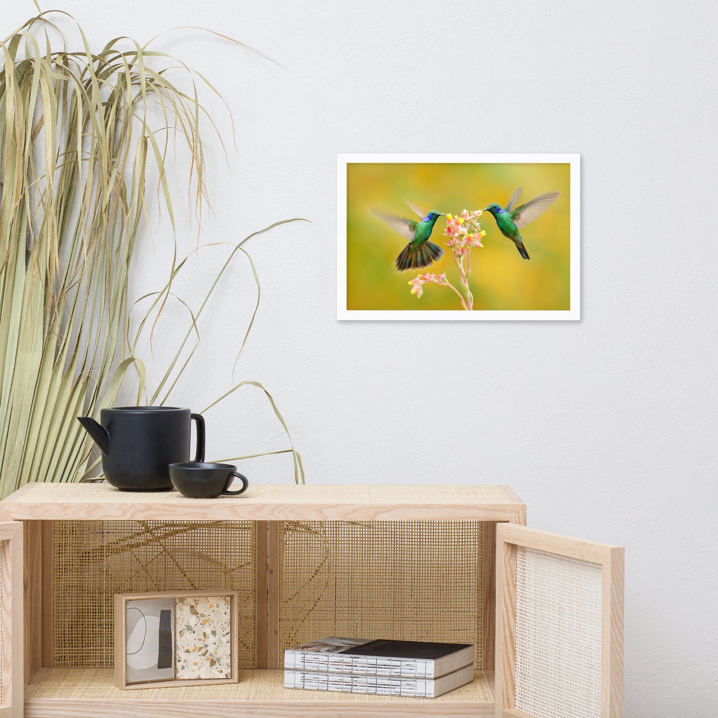 Hummingbirds with Little Pink Flowers Animal Wildlife Photo Framed Wall Art Prints