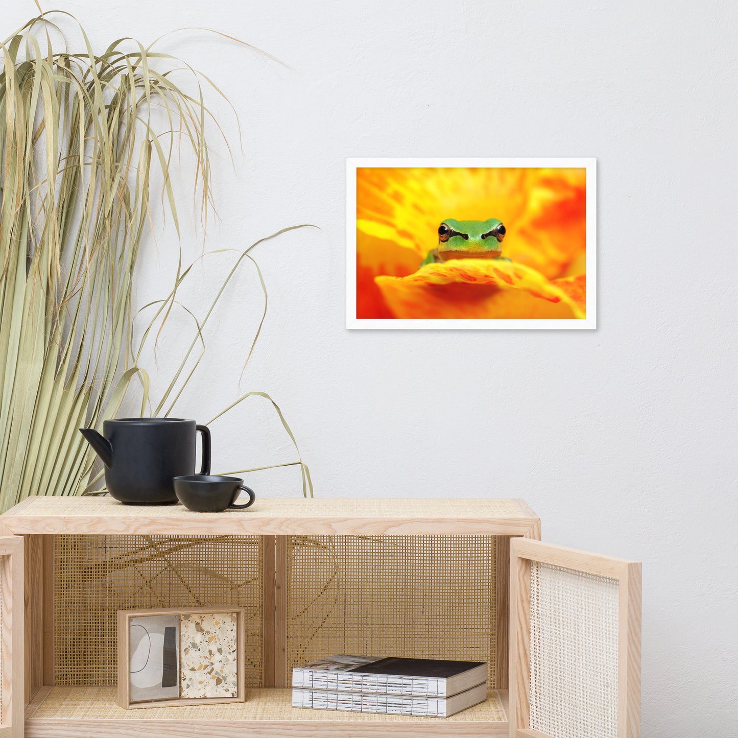 Hyla Green Frog on Yellow and Orange Flower Petals Wildlife Nature Photo Framed Wall Art Print