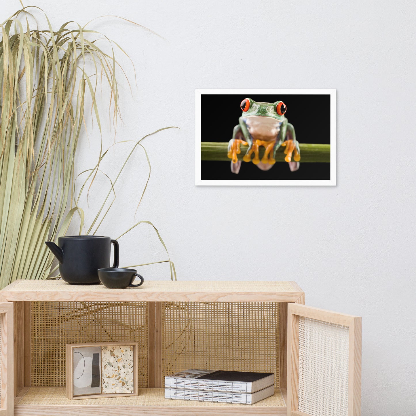 Red Eyed Tree Frog Sitting on Branch Animal Wildlife Nature Photo Framed Wall Art Print