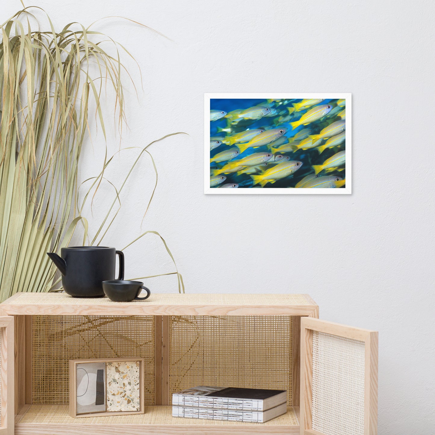 School of Yellow Tropical Fish in Blue Ocean Water Animal Wildlife Photograph Framed Wall Art Print