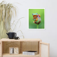 Tiny Green Tree Frog on Lotus Bloom Animal Wildlife Floral Nature Photograph Framed Wall Art Prints