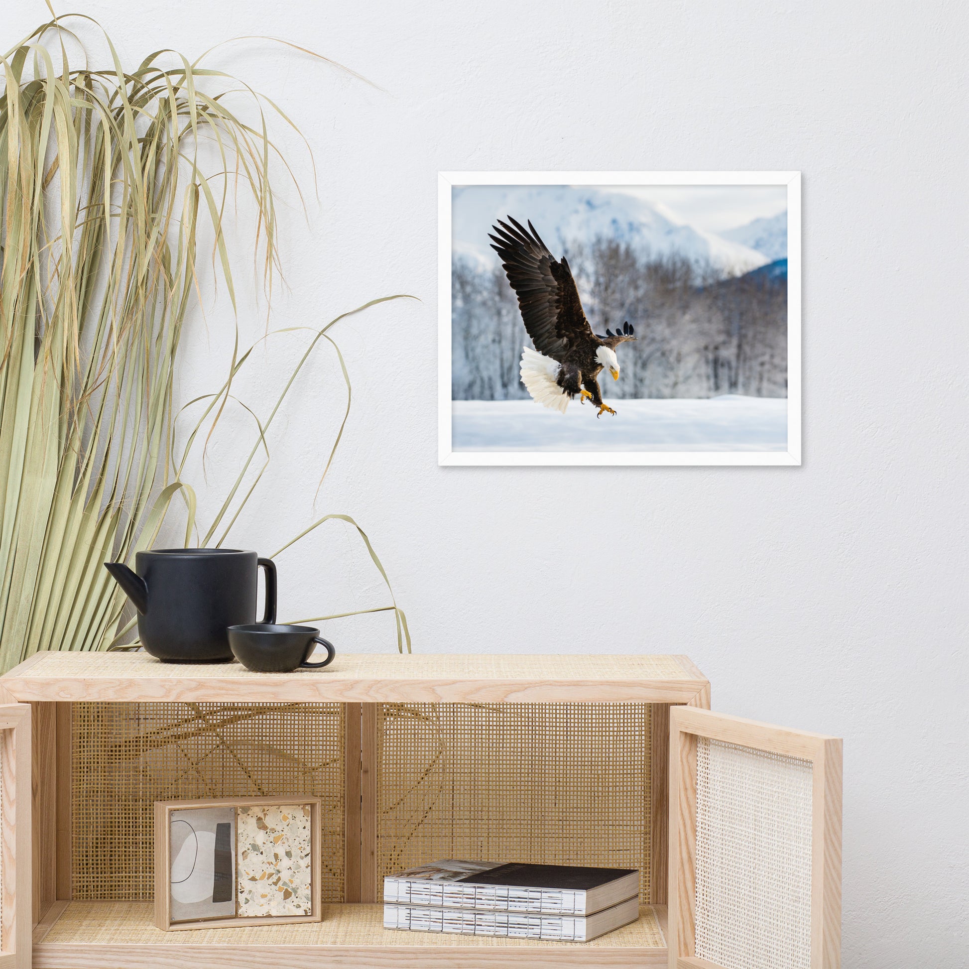 hallway stair wall decor ideas, Adult Bald Eagle and Alaskan Winter Animal Wildlife Photograph Framed Wall Art Print