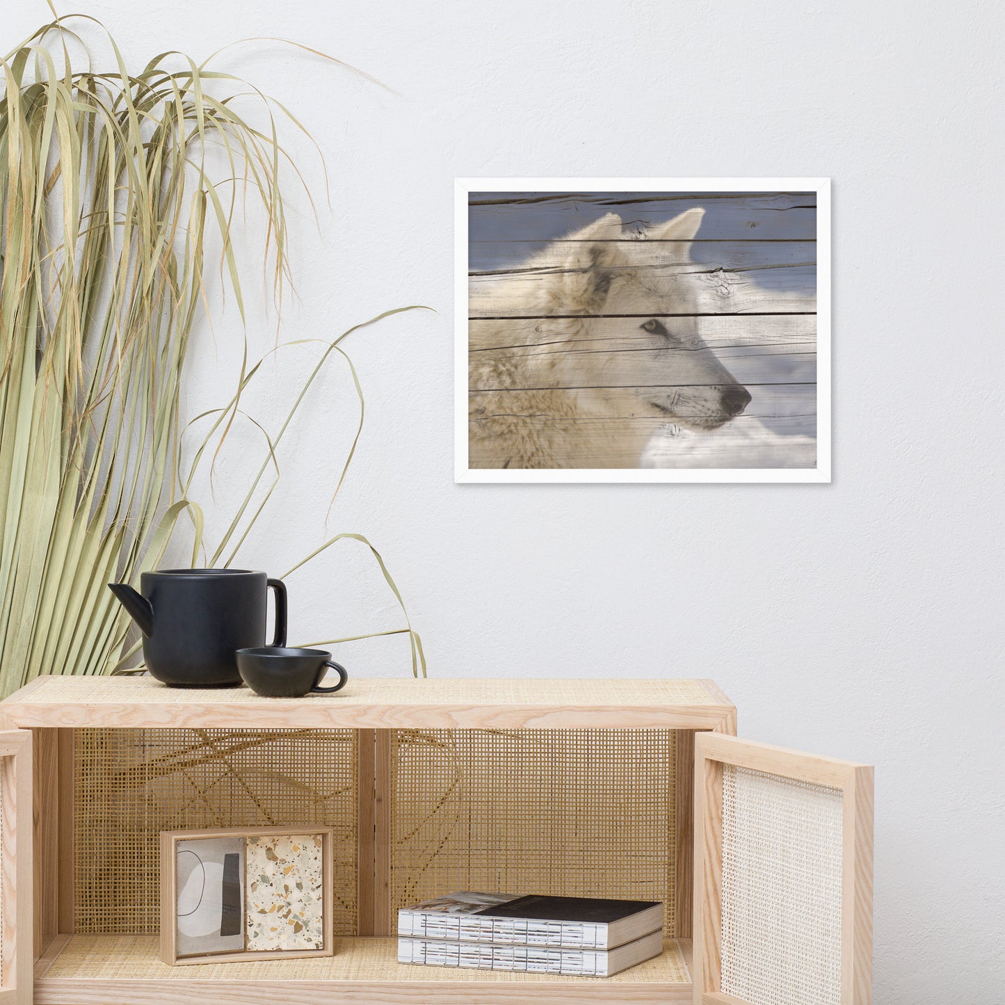 Modern Wall Kitchen Decor: Aries the White Wolf Portrait on Faux Weathered Wood Texture / Animal / Wildlife / Nature Photographic Artwork - Framed Artwork - Wall Decor