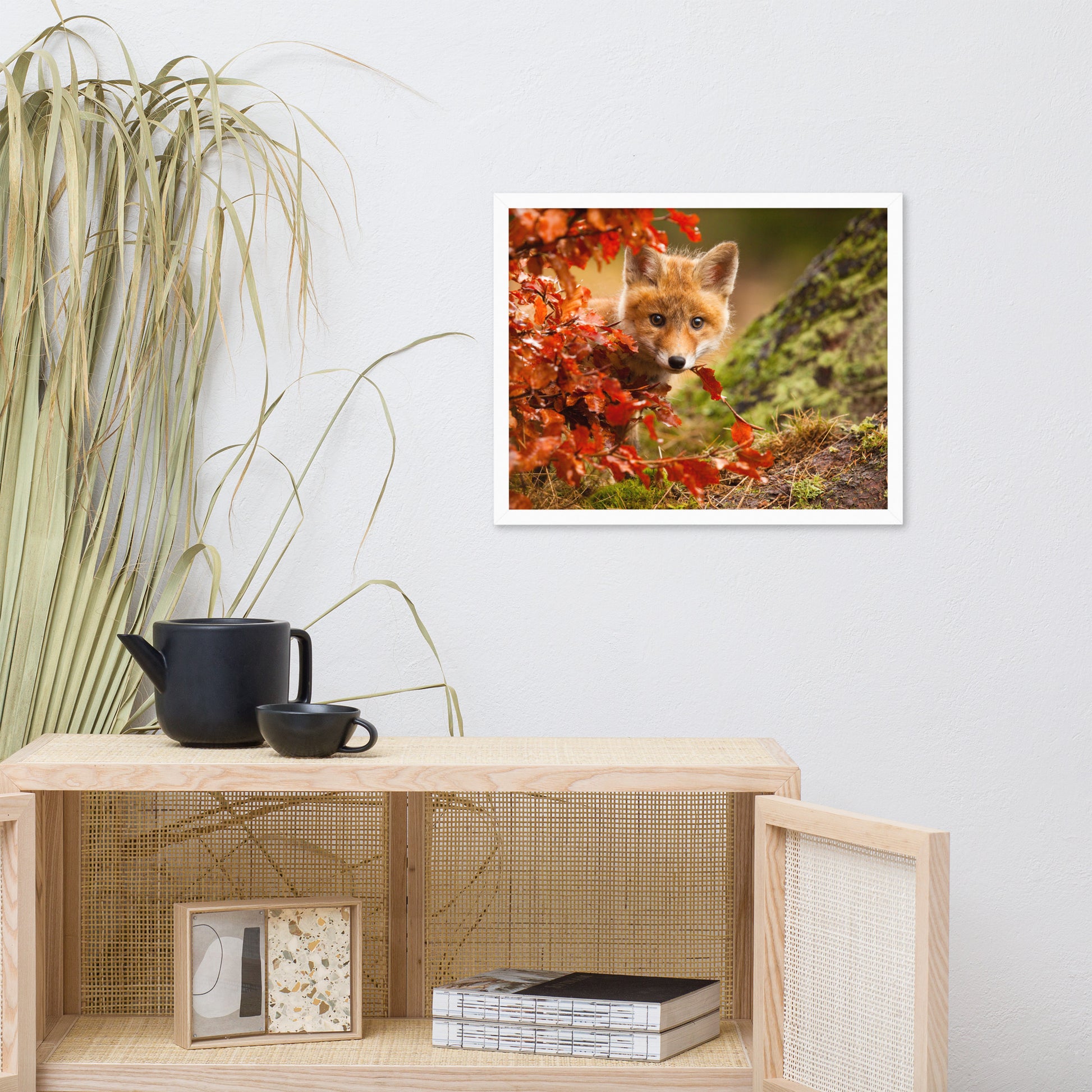 Nursery Art Framed: Peek-A-Boo Baby Fox Pup And Fall Leaves - Animal / Wildlife / Nature Artwork - Wall Decor - Framed Wall Art Print