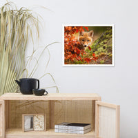 Baby Red Fox Face and Autumn Leaves In Forest Animal Wildlife Nature Photo Framed Wall Art Prints