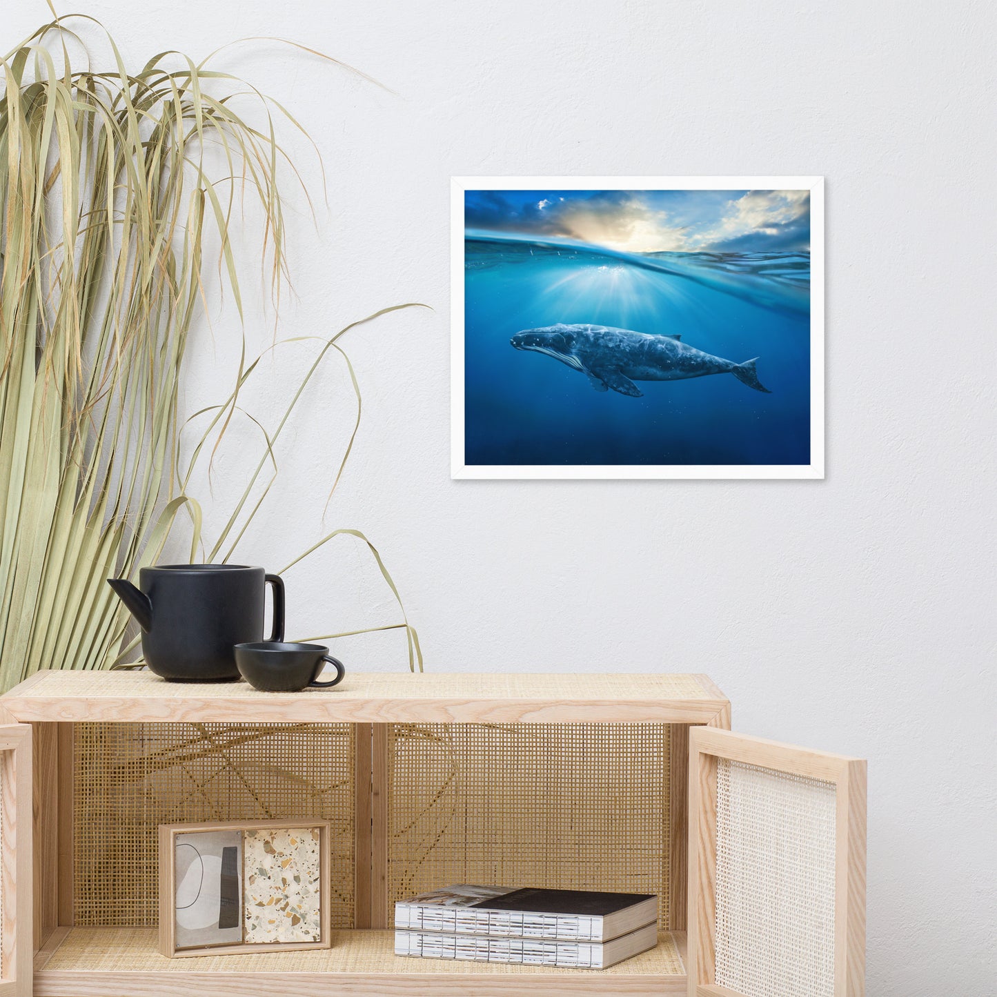 Dreamy Blue Whale Ocean Sunset Glory Rays Animal Wildlife Photograph Framed Wall Art Print