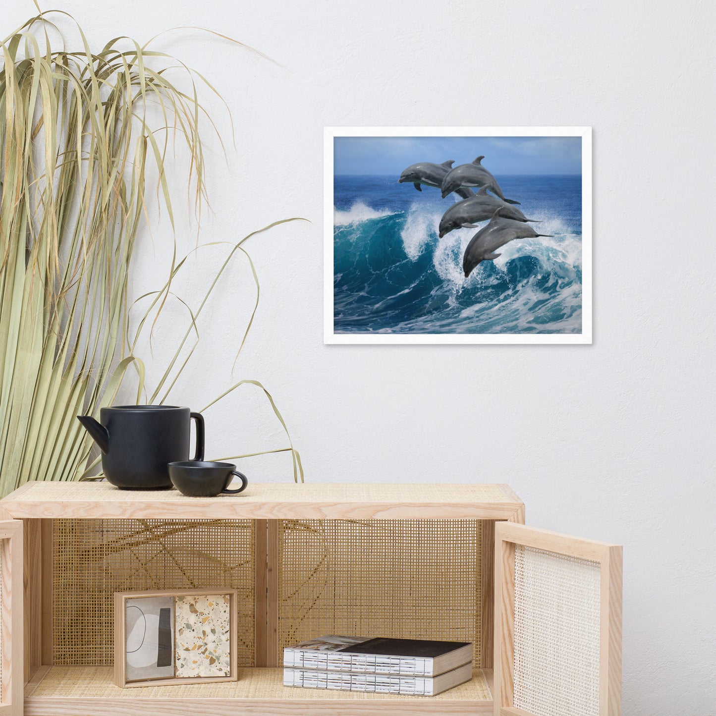 Four Bottle Noise Dolphins Jumping Waves In Tropical Blue Ocean Animal Wildlife Photograph Framed Wall Art Print