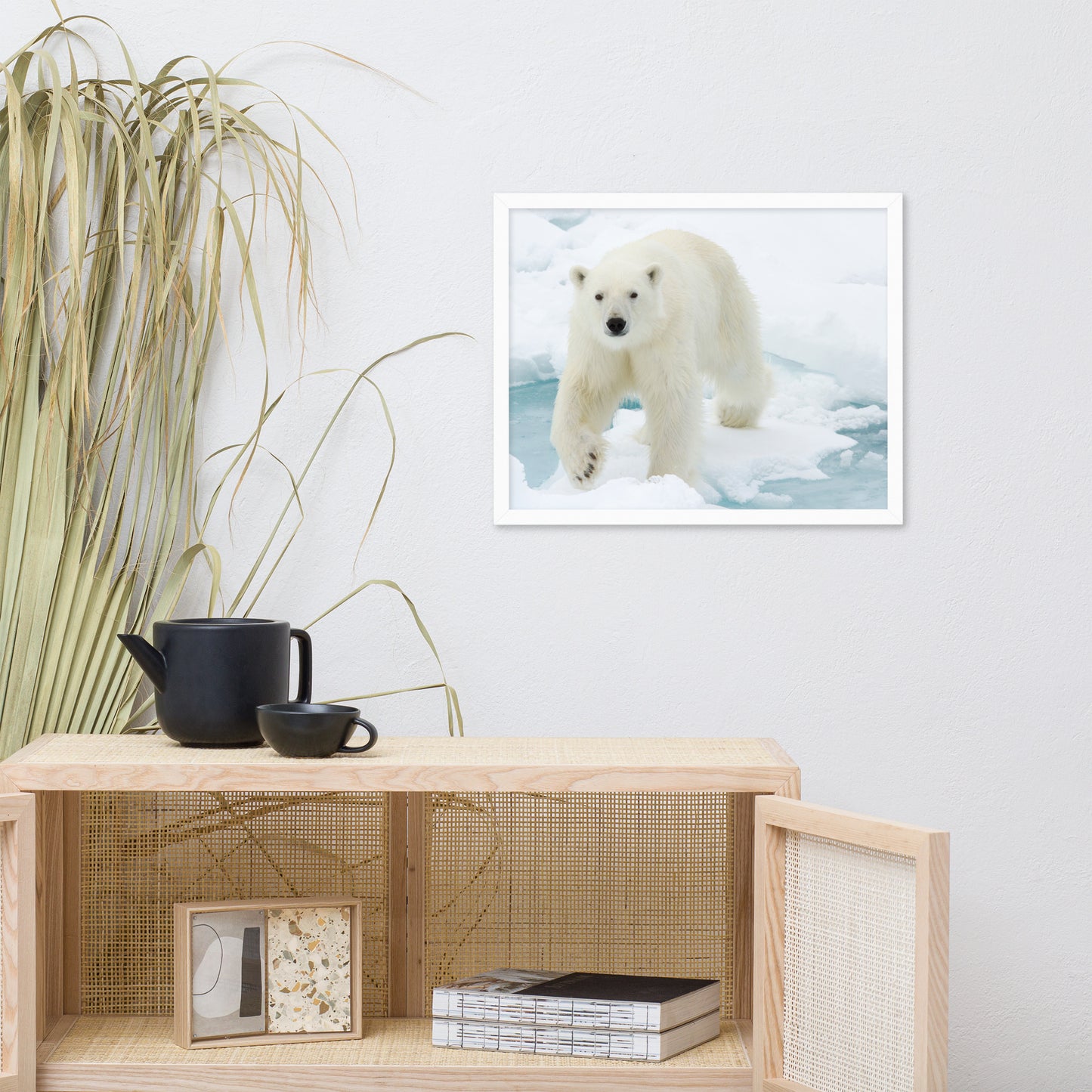 Giant White Polar Bear Walking on Icy Lake Animal Wildlife Photograph Framed Wall Art Prints