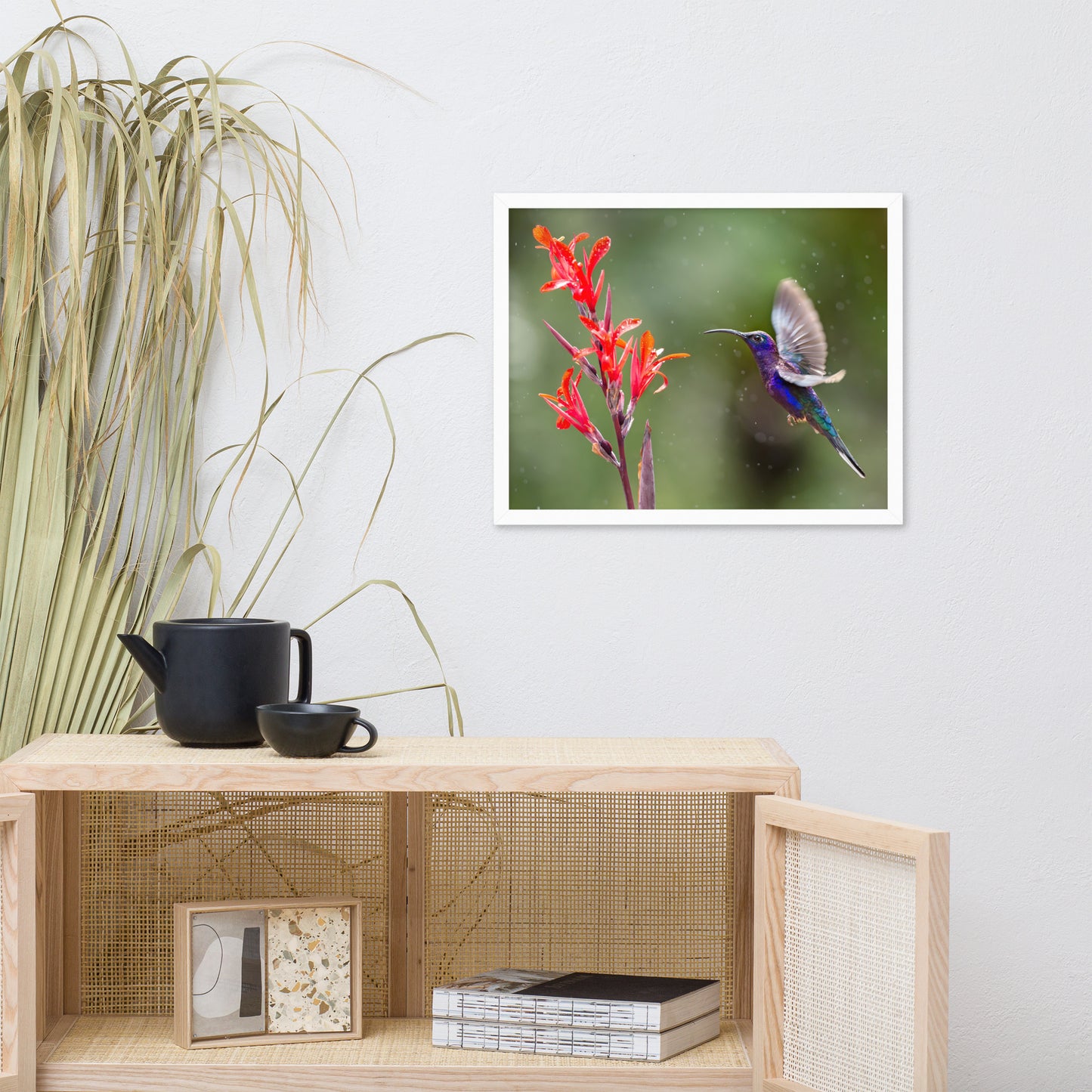 Hummingbird with Little Red Flowers Animal Wildlife Photograph Framed Wall Art Prints