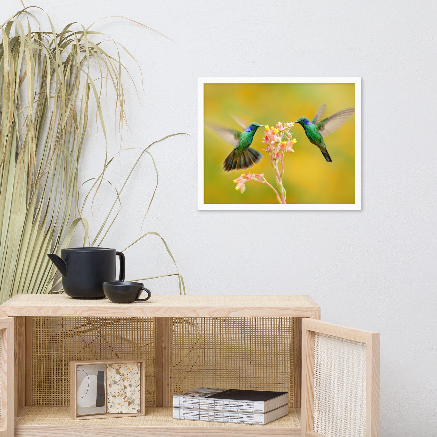 Hummingbirds with Little Pink Flowers Animal Wildlife Photo Framed Wall Art Prints