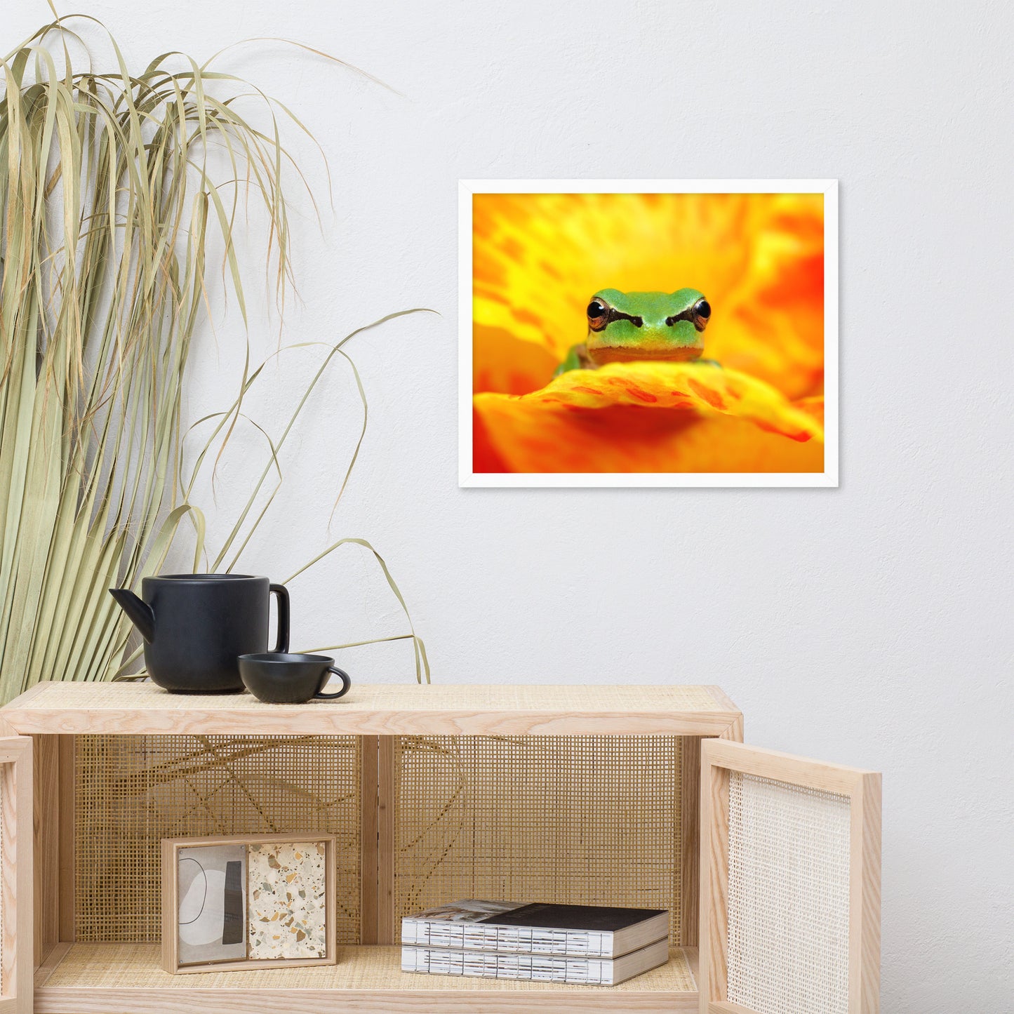 Hyla Green Frog on Yellow and Orange Flower Petals Wildlife Nature Photo Framed Wall Art Print