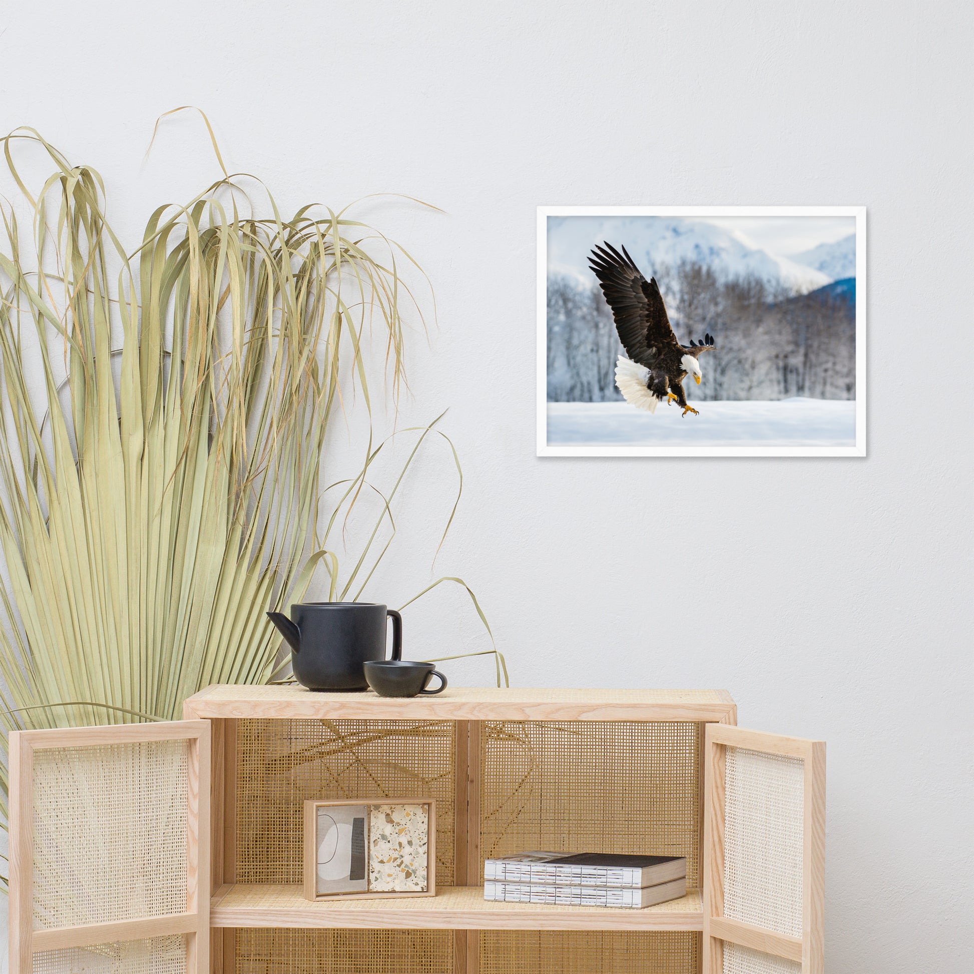 hallway stairs wall art, Adult Bald Eagle and Alaskan Winter Animal Wildlife Photograph Framed Wall Art Print