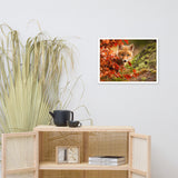 Baby Red Fox Face and Autumn Leaves In Forest Animal Wildlife Nature Photo Framed Wall Art Prints