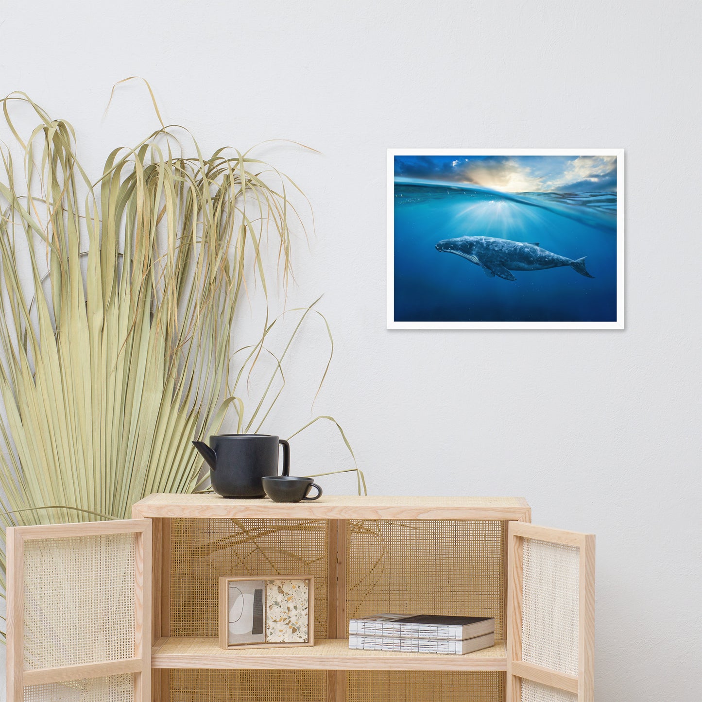 Dreamy Blue Whale Ocean Sunset Glory Rays Animal Wildlife Photograph Framed Wall Art Print