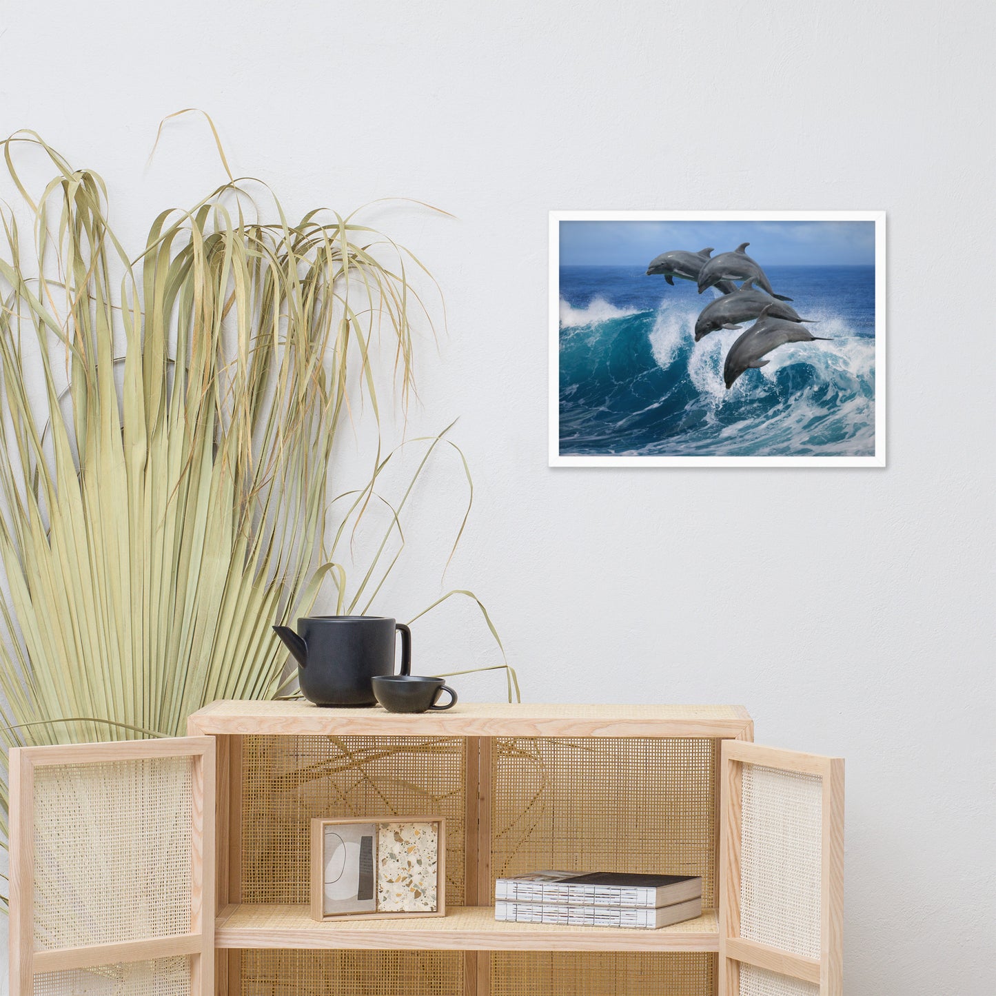 Four Bottle Noise Dolphins Jumping Waves In Tropical Blue Ocean Animal Wildlife Photograph Framed Wall Art Print