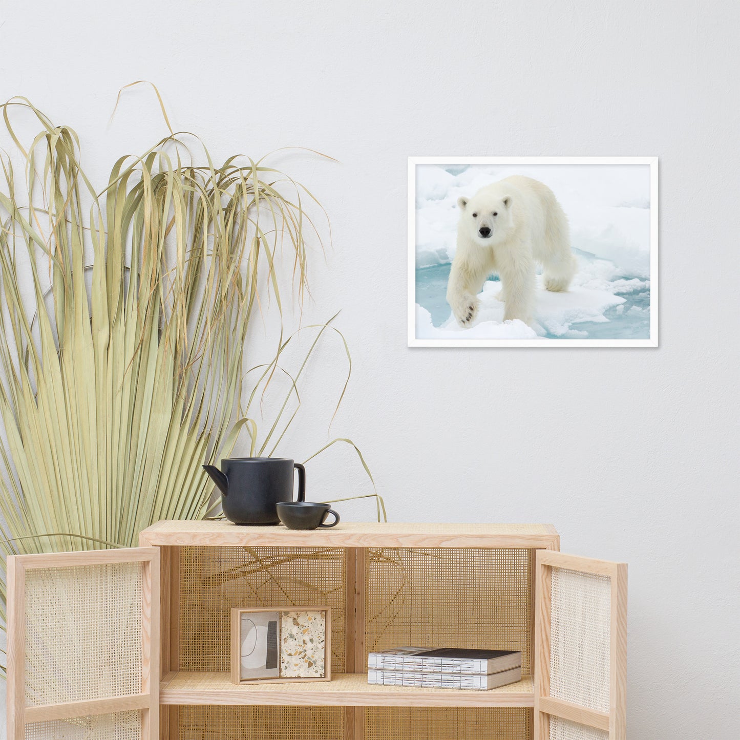 Giant White Polar Bear Walking on Icy Lake Animal Wildlife Photograph Framed Wall Art Prints