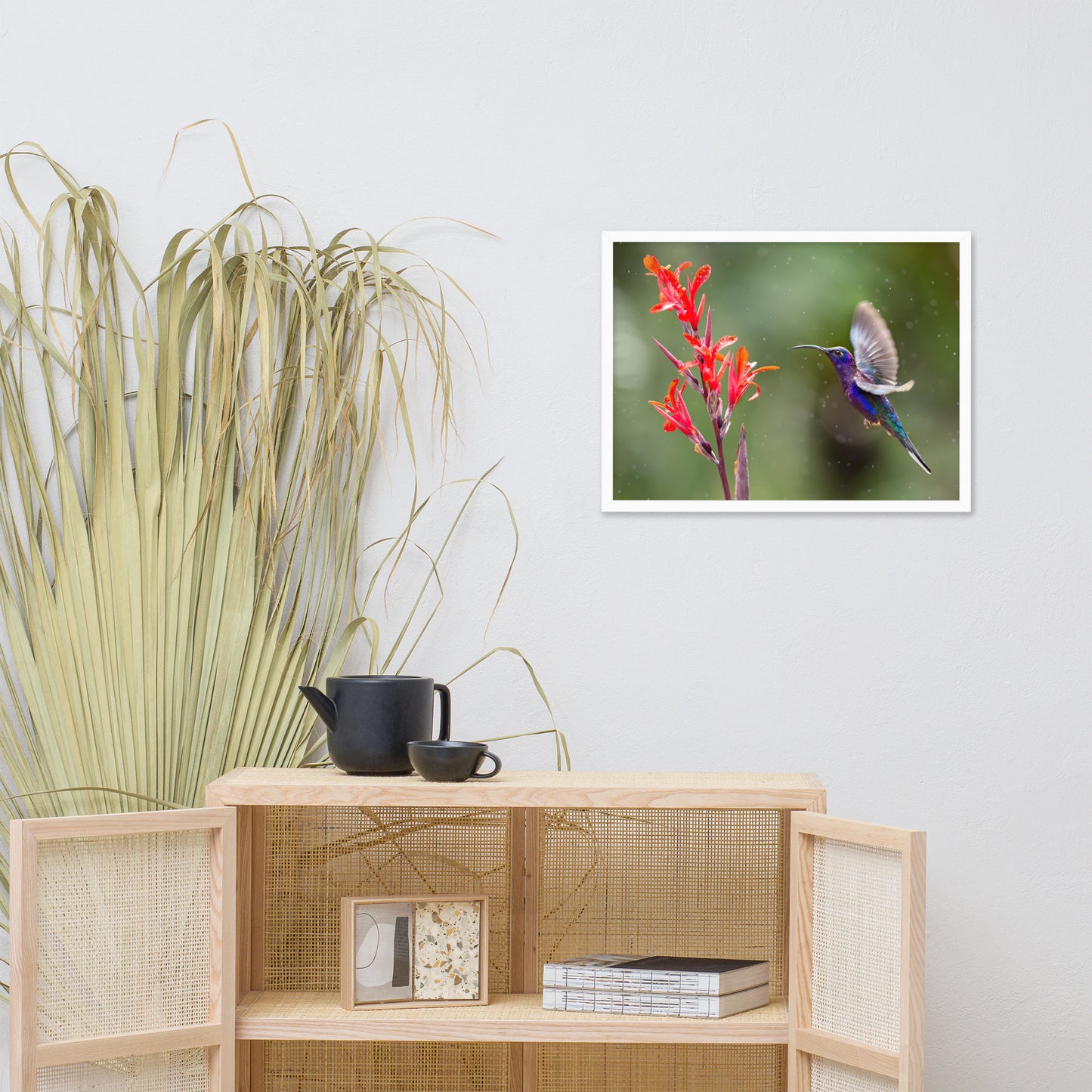 Hummingbird with Little Red Flowers Animal Wildlife Photograph Framed Wall Art Prints