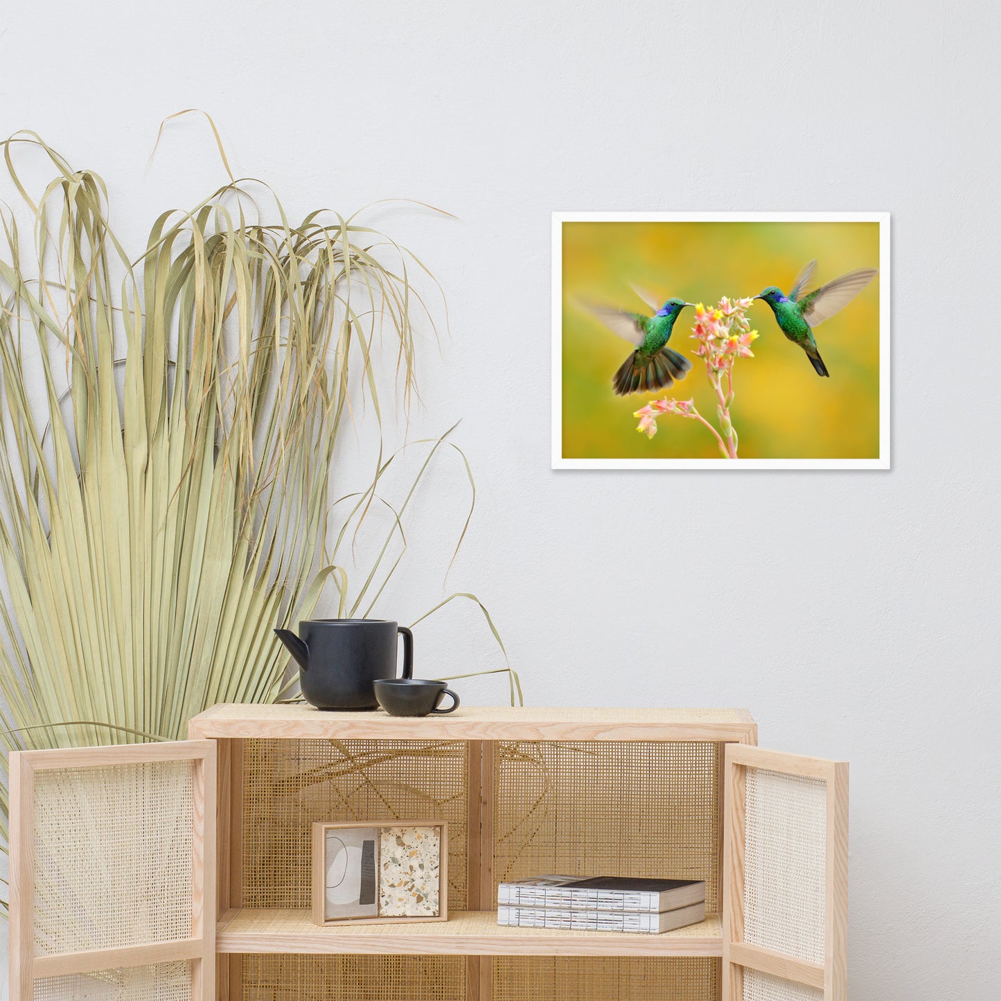 Hummingbirds with Little Pink Flowers Animal Wildlife Photo Framed Wall Art Prints