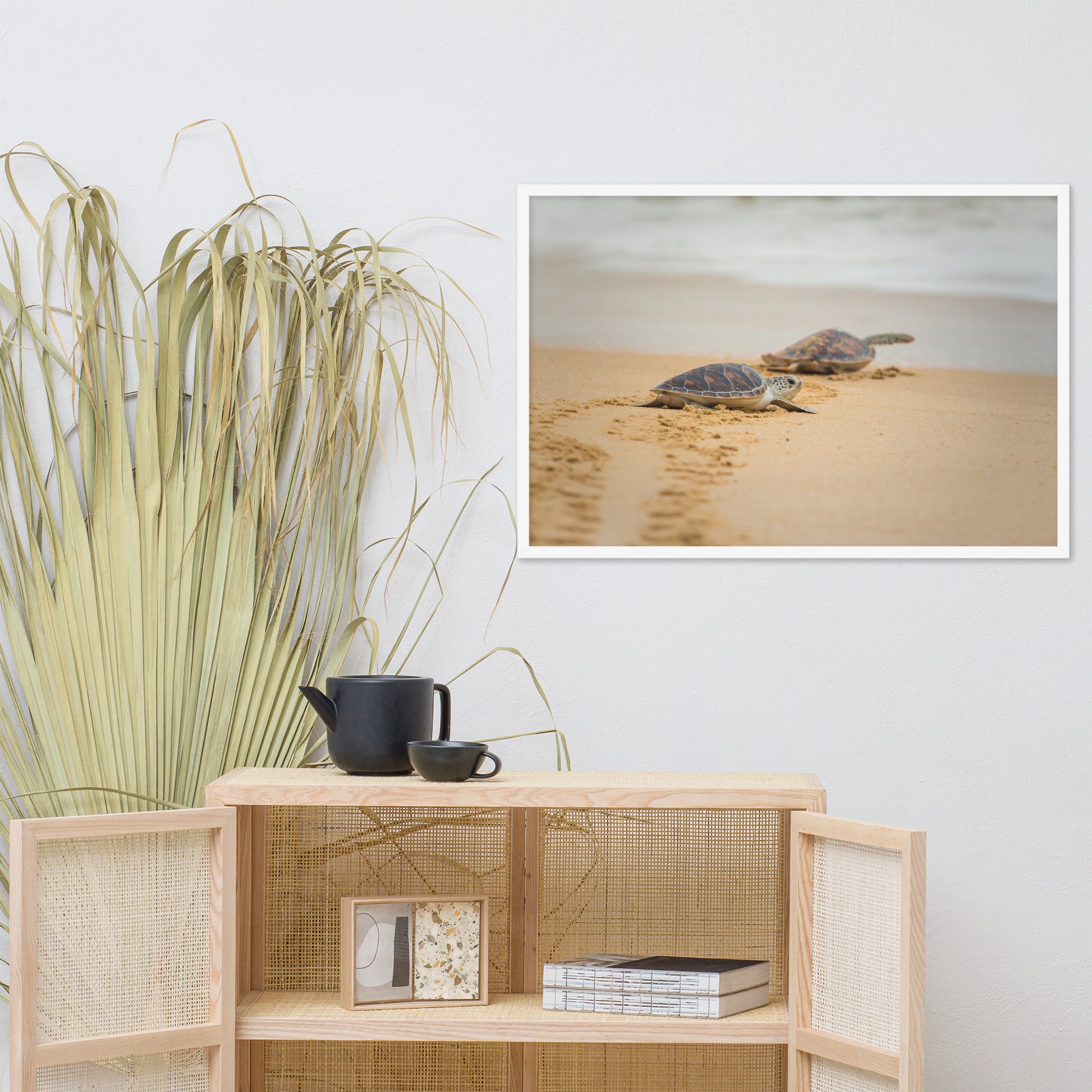 Art Above Nightstands: Hawksbill Sea Turtle Hatchlings at the Shore / Animal / Wildlife / Nature Photographic Artwork - Framed Artwork - Wall Decor