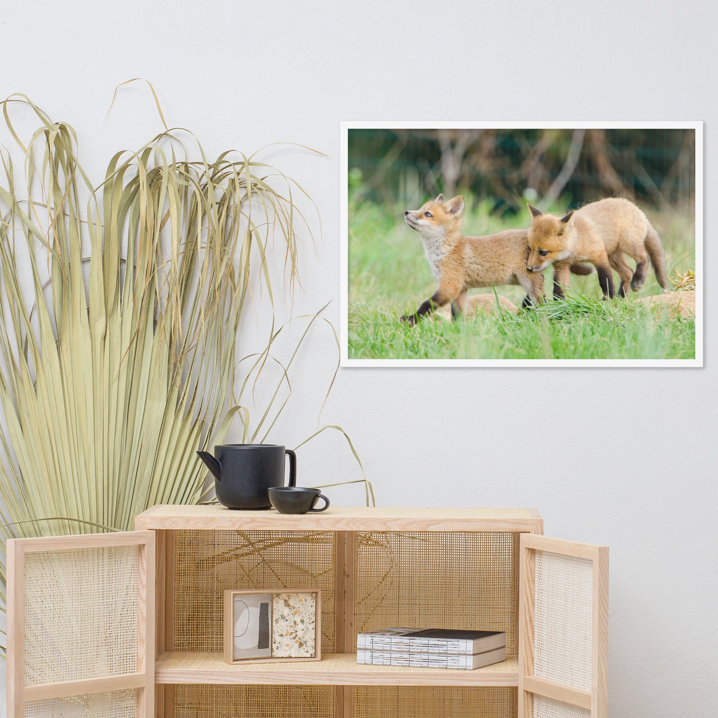 Childrens Bedroom Wall Decor: Playful Baby Red Fox Pups In Field - Animal / Wildlife / Nature Artwork - Wall Decor - Framed Wall Art Print