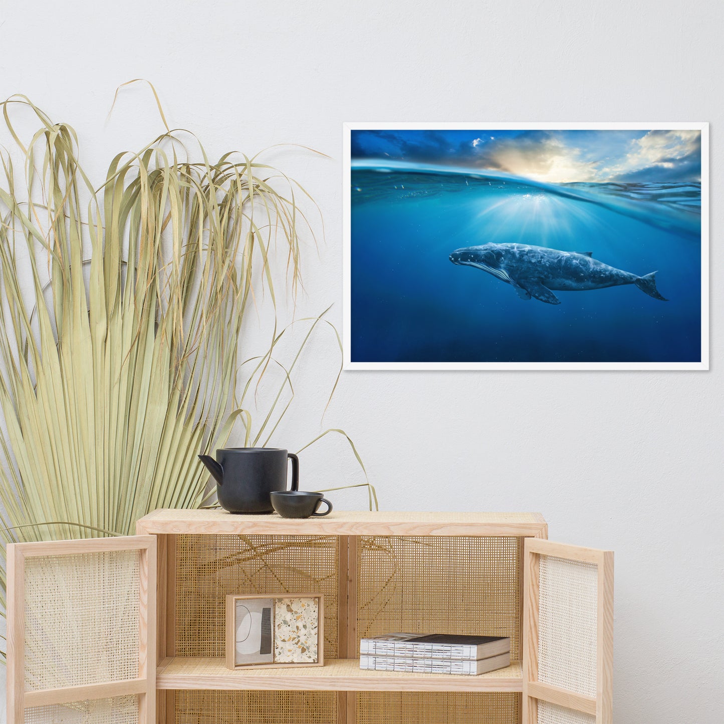 Dreamy Blue Whale Ocean Sunset Glory Rays Animal Wildlife Photograph Framed Wall Art Print