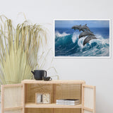 Four Bottle Noise Dolphins Jumping Waves In Tropical Blue Ocean Animal Wildlife Photograph Framed Wall Art Print