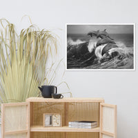 Four Bottle Noise Dolphins Jumping Waves In Tropical Ocean Black and White Animal Wildlife Photograph Framed Wall Art Print