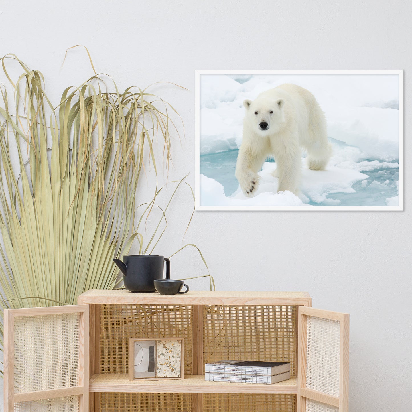 Giant White Polar Bear Walking on Icy Lake Animal Wildlife Photograph Framed Wall Art Prints