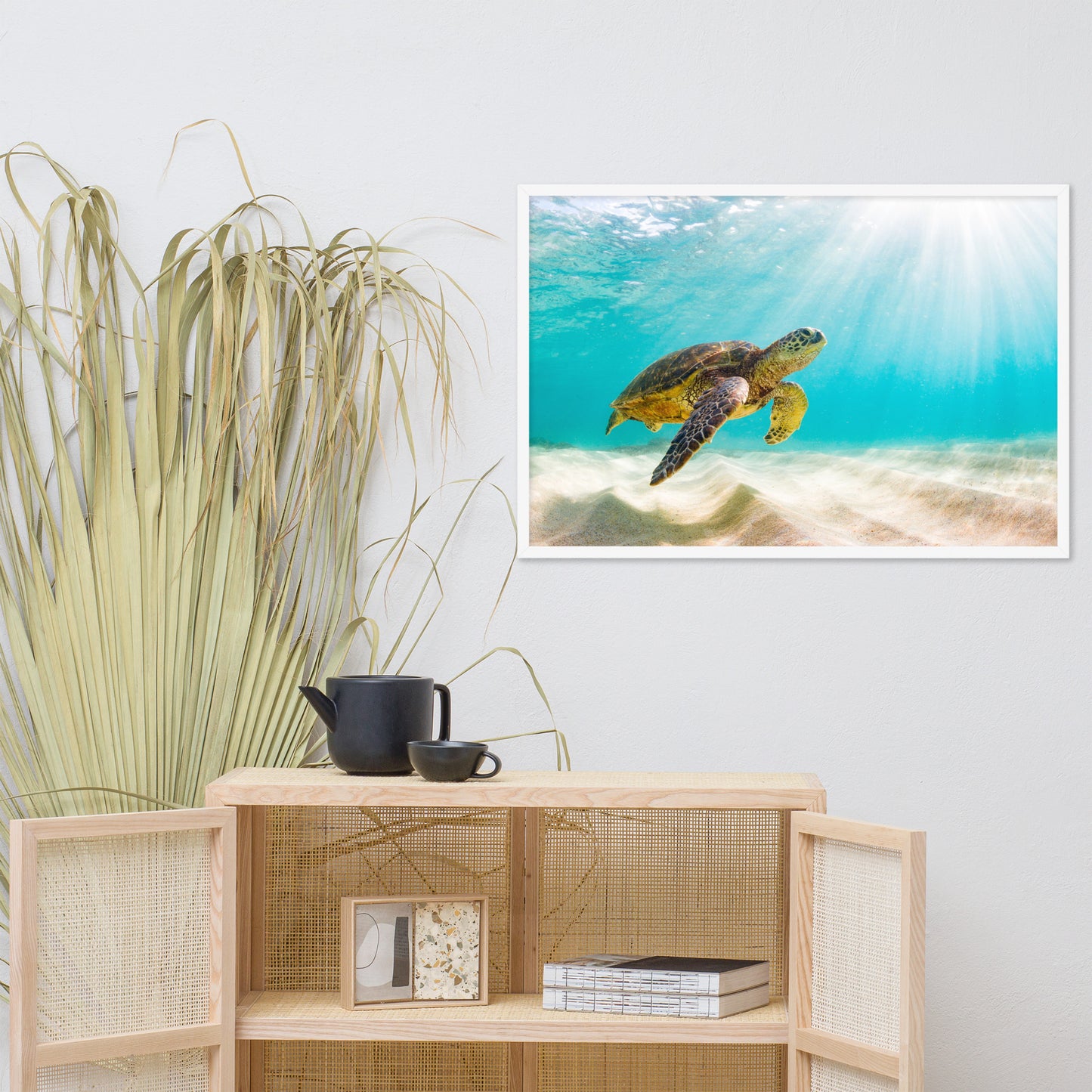 Hawaiian Green Sea Turtle in Turquoise Blue Sea and Sandbars Animal Wildlife Photograph Framed Wall Art Print