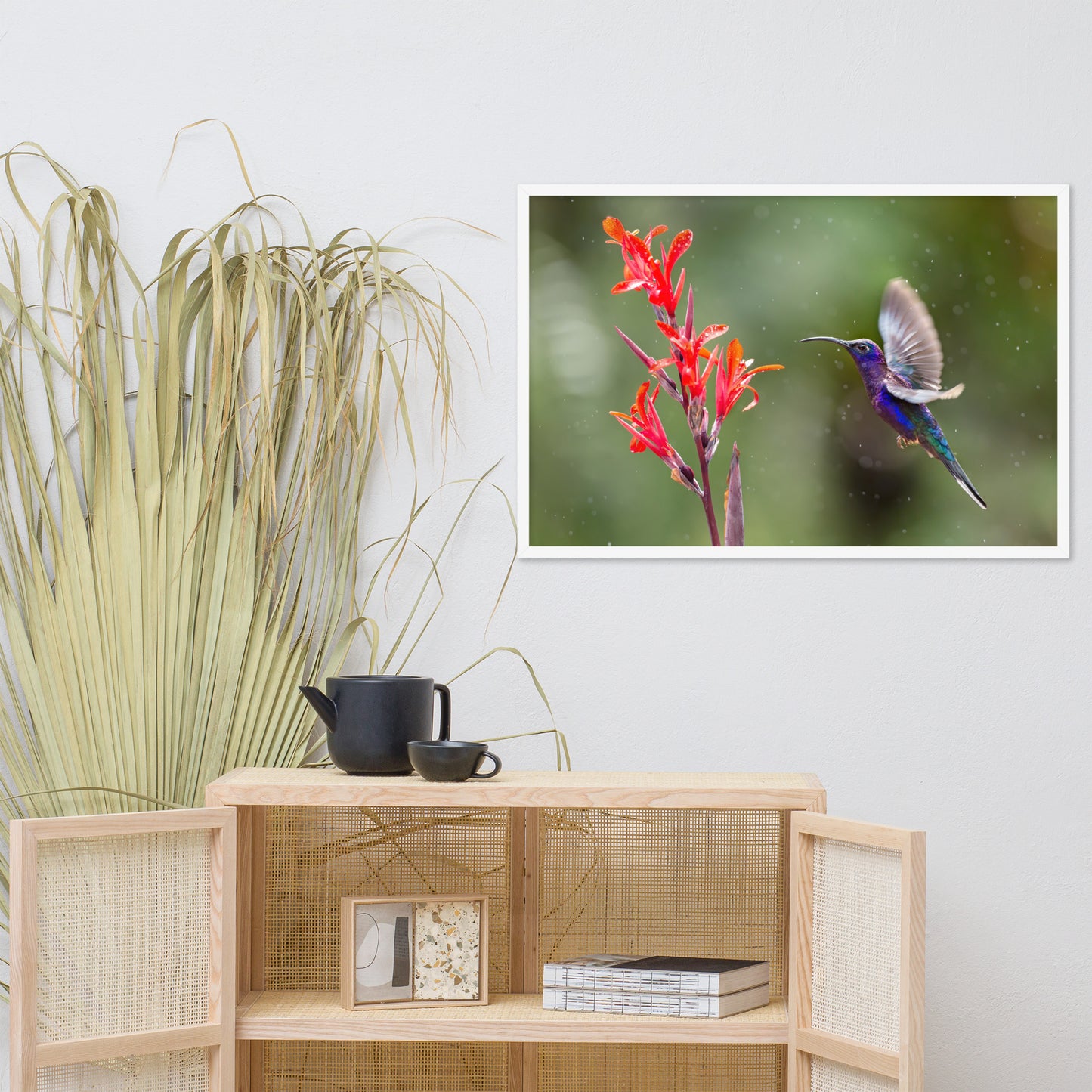 Hummingbird with Little Red Flowers Animal Wildlife Photograph Framed Wall Art Prints