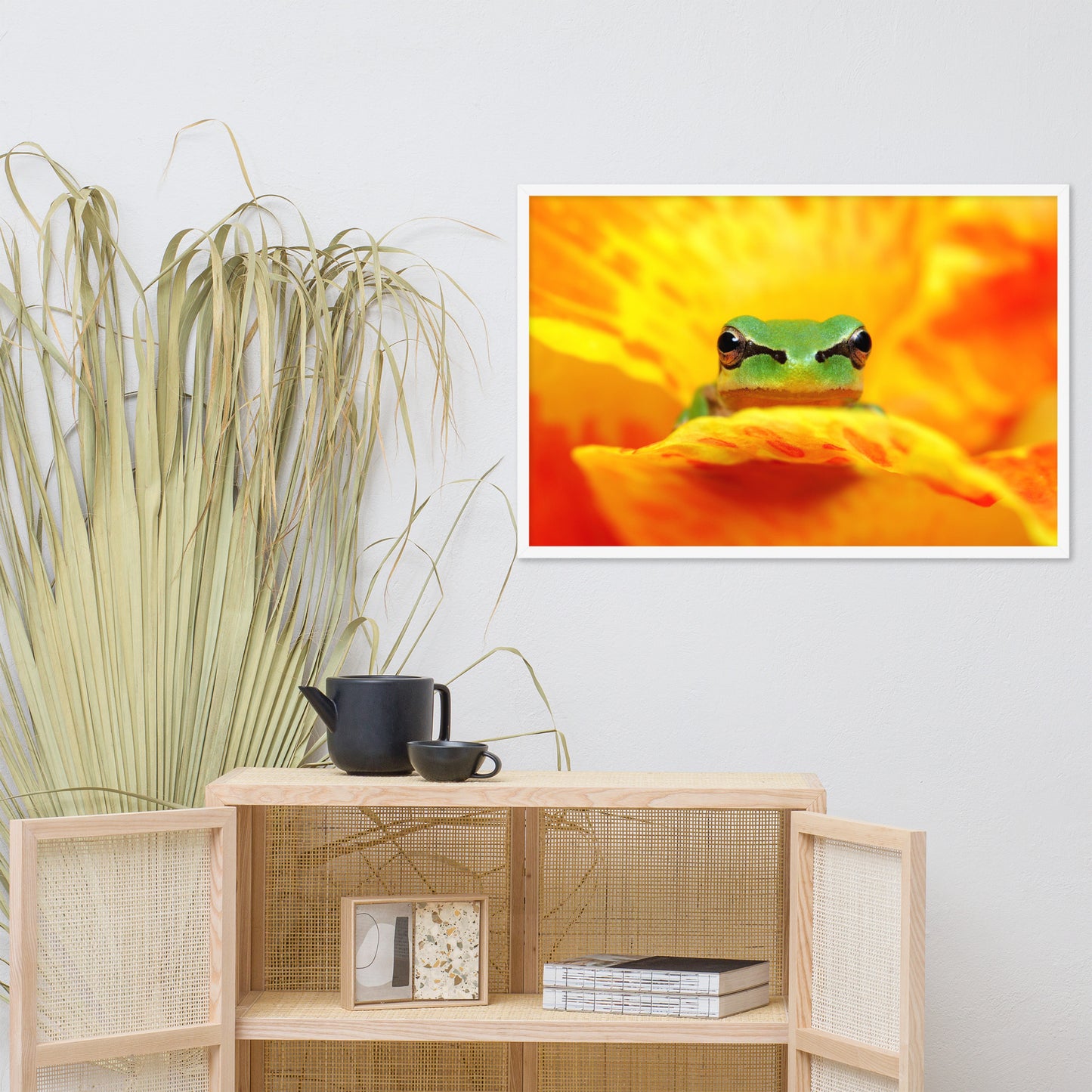 Hyla Green Frog on Yellow and Orange Flower Petals Wildlife Nature Photo Framed Wall Art Print