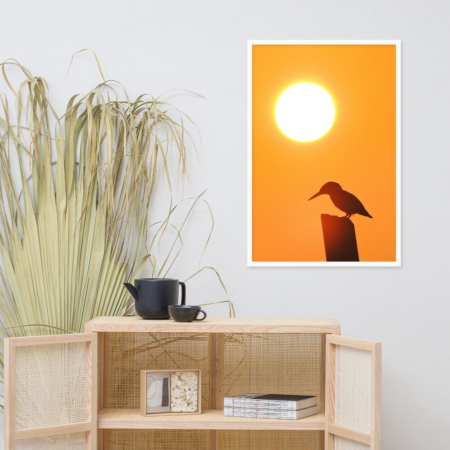 Kingfisher Bird Silhouette on Perch At Sunset Animal Wildlife Nature Photograph Framed Wall Art Prints